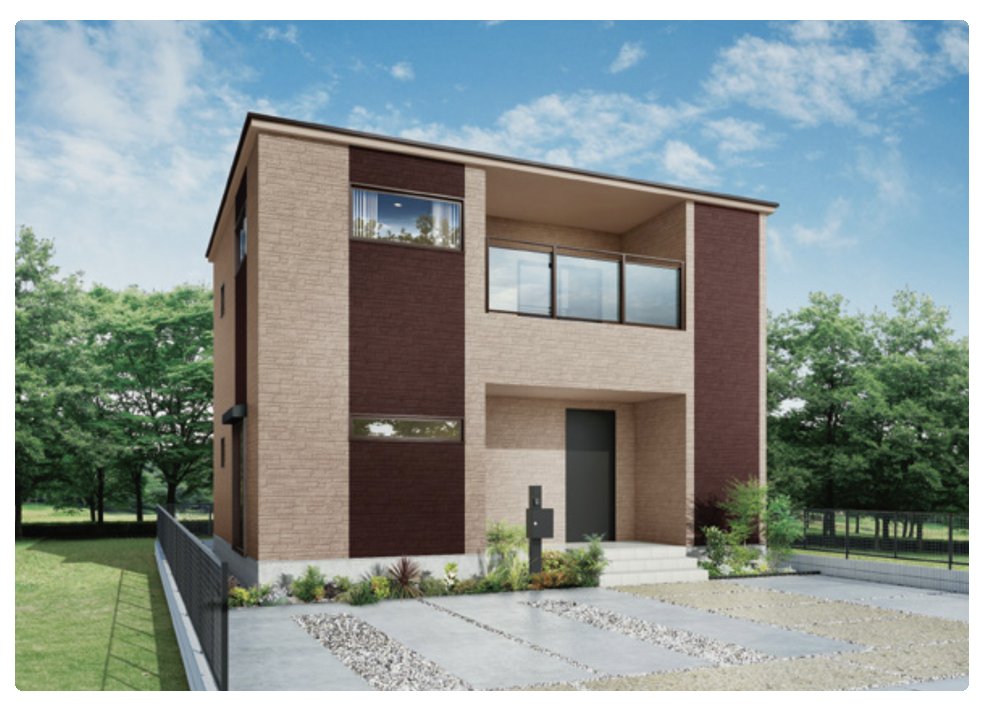 戸建て住宅の配色事例CGイメージ。ベージュ系の外壁にダークブラウンの縦ラインを組み合わせたツートンスタイル