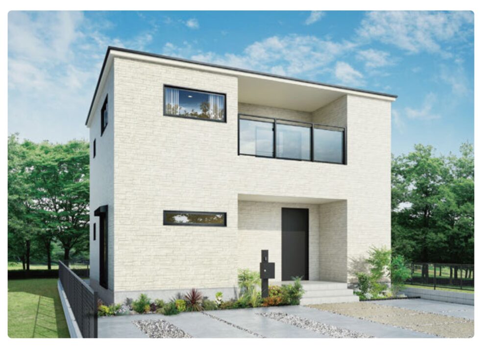 戸建て住宅の配色事例CGイメージ。白系の外壁にダークな窓枠を組み合わせたスタイル