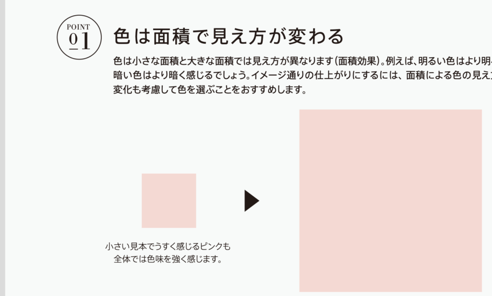 面積効果の解説図。小さい色見本と大きい面積で同じピンクの見え方が変わる比較