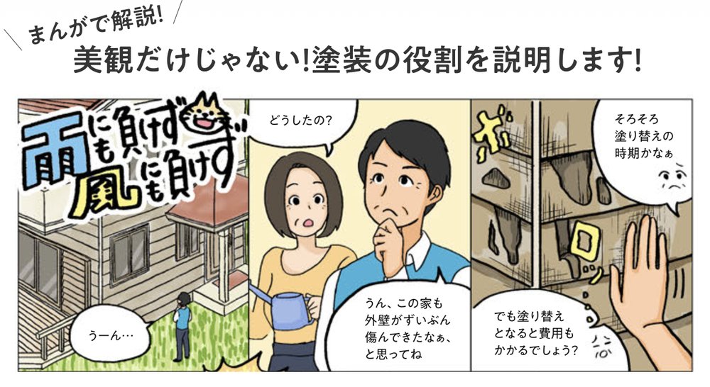 まんが「雨にも負けず風にも負けず」の冒頭。外壁の傷みに気づいた夫婦に塗装の役割を解説する導入シーン